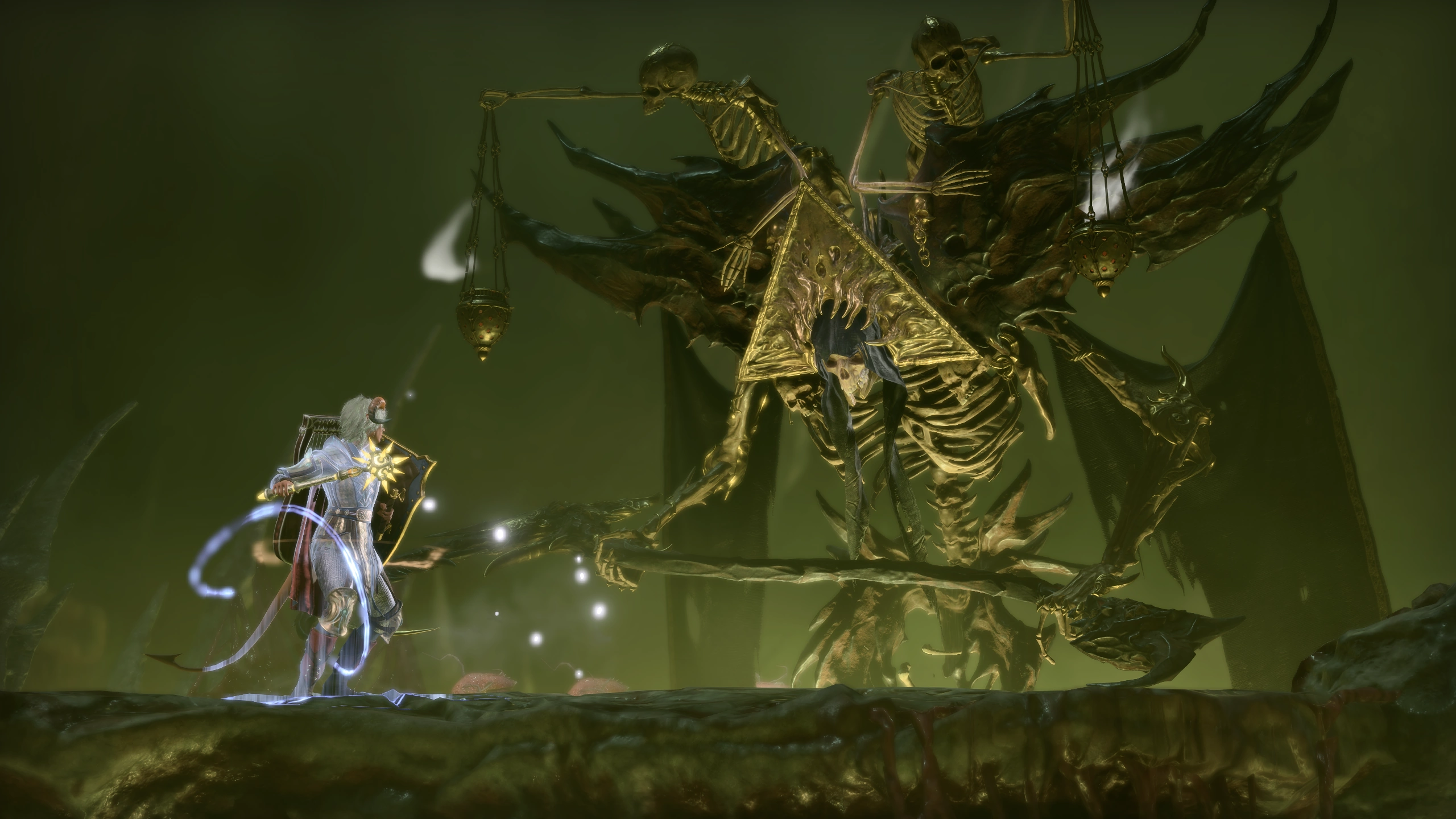 Ramie holding Lathander's Light, fighting the Avatar of one of the Dead Three.