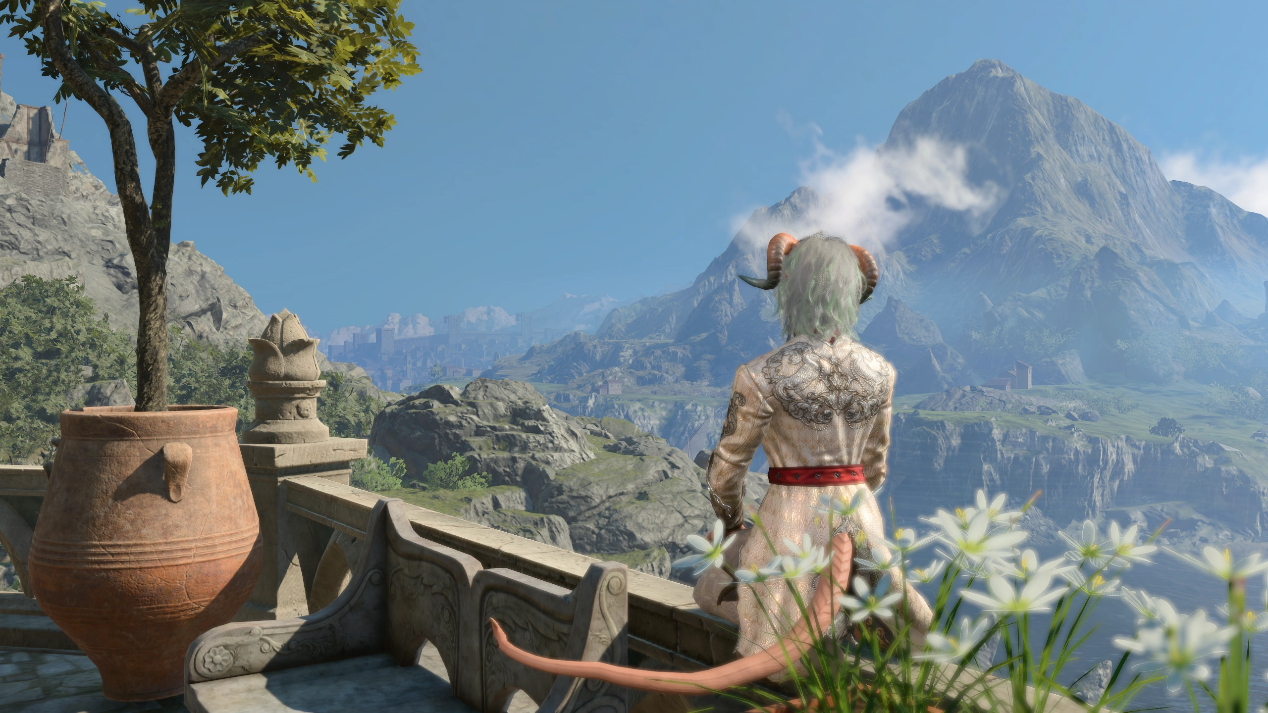 Ramie sitting on the terrasse of the Open Hand Temple looking towards Baldurs Gate.