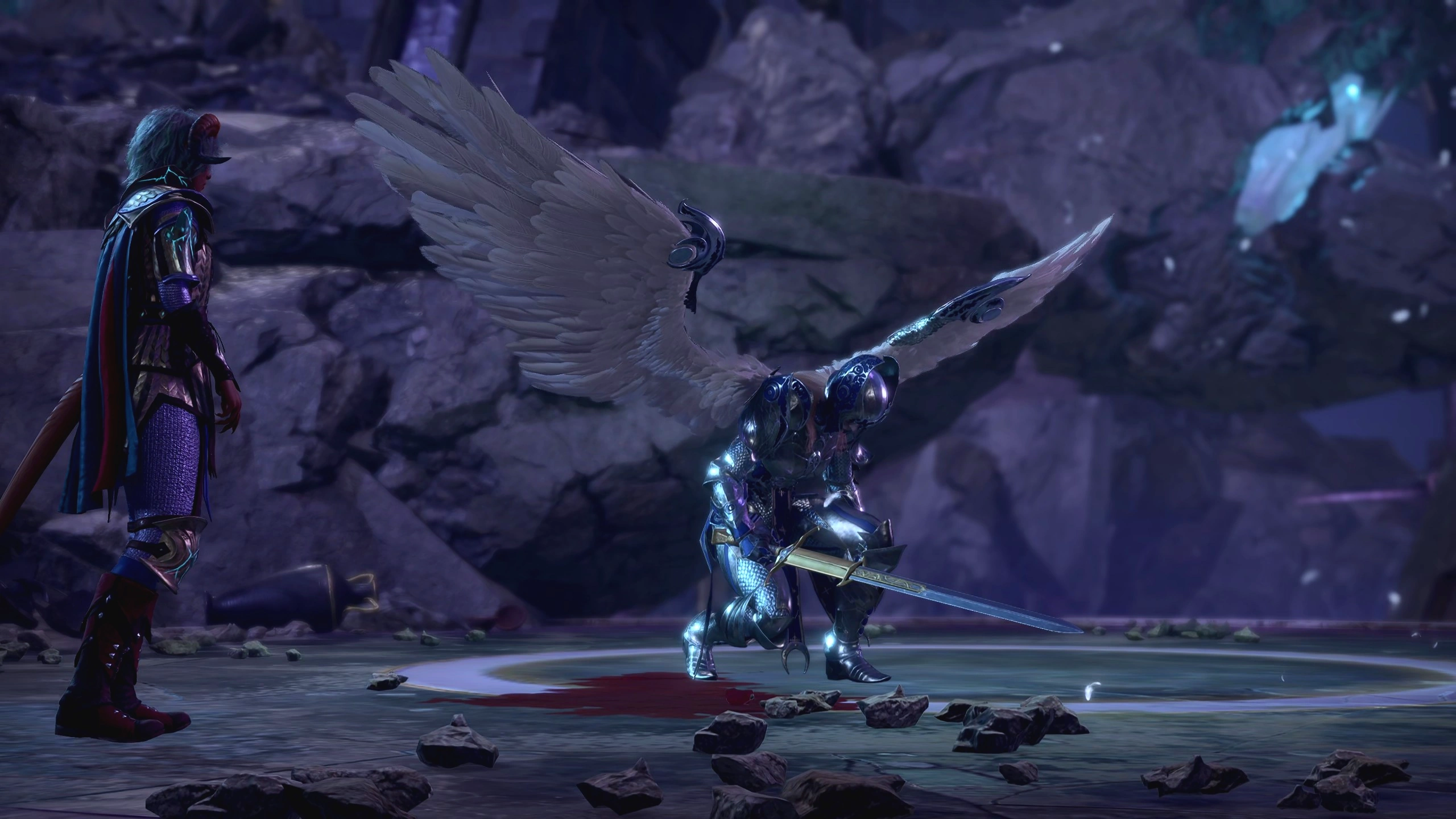 Ramie standing in front of the Nightsong as she spreads her wings, ready for takeoff.