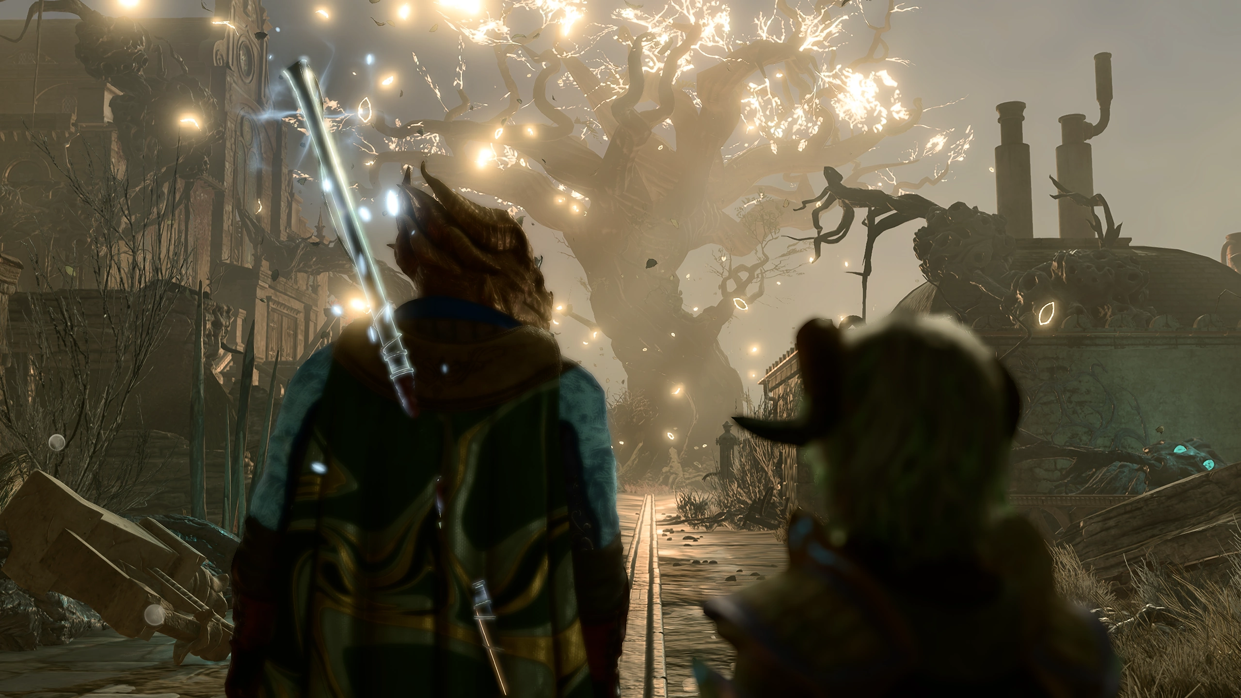 Ramie and Zabaarg watching the Curse of the Shadowlands being lifted as they leave Act 2.