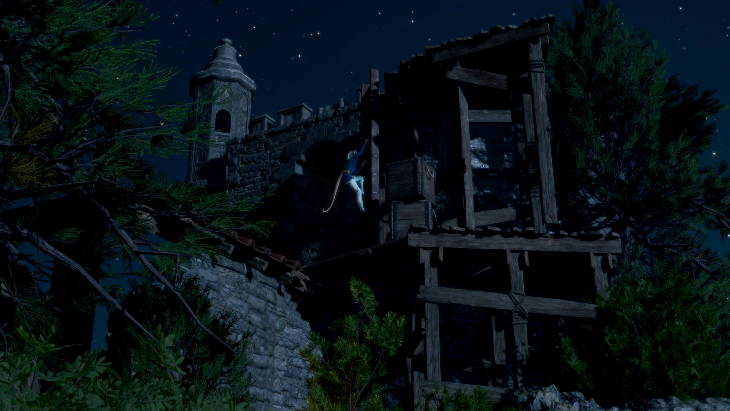 Ramie climbing up a watchtower to see Baldur's Gate.