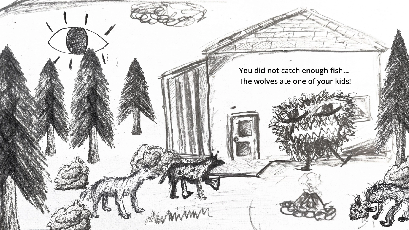 Five 'wolves' standing in front of a house in a forest.