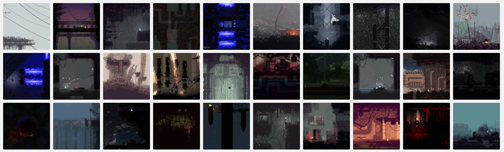 A grid showing a fraction of the 1500 raw, unorganized Rain World screenshots scraped from the bot.