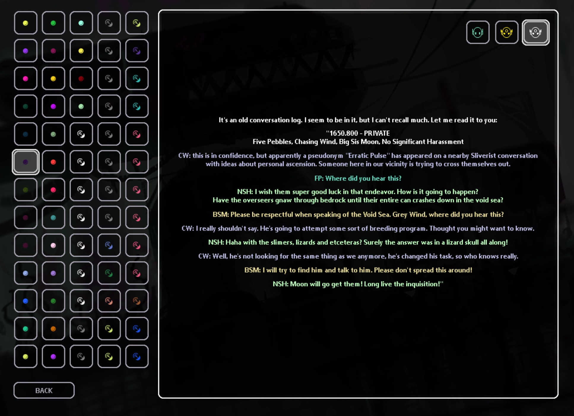 The Collection tab in Rain World showing a list of pearls, with the pearl SI_chat3 being selected.