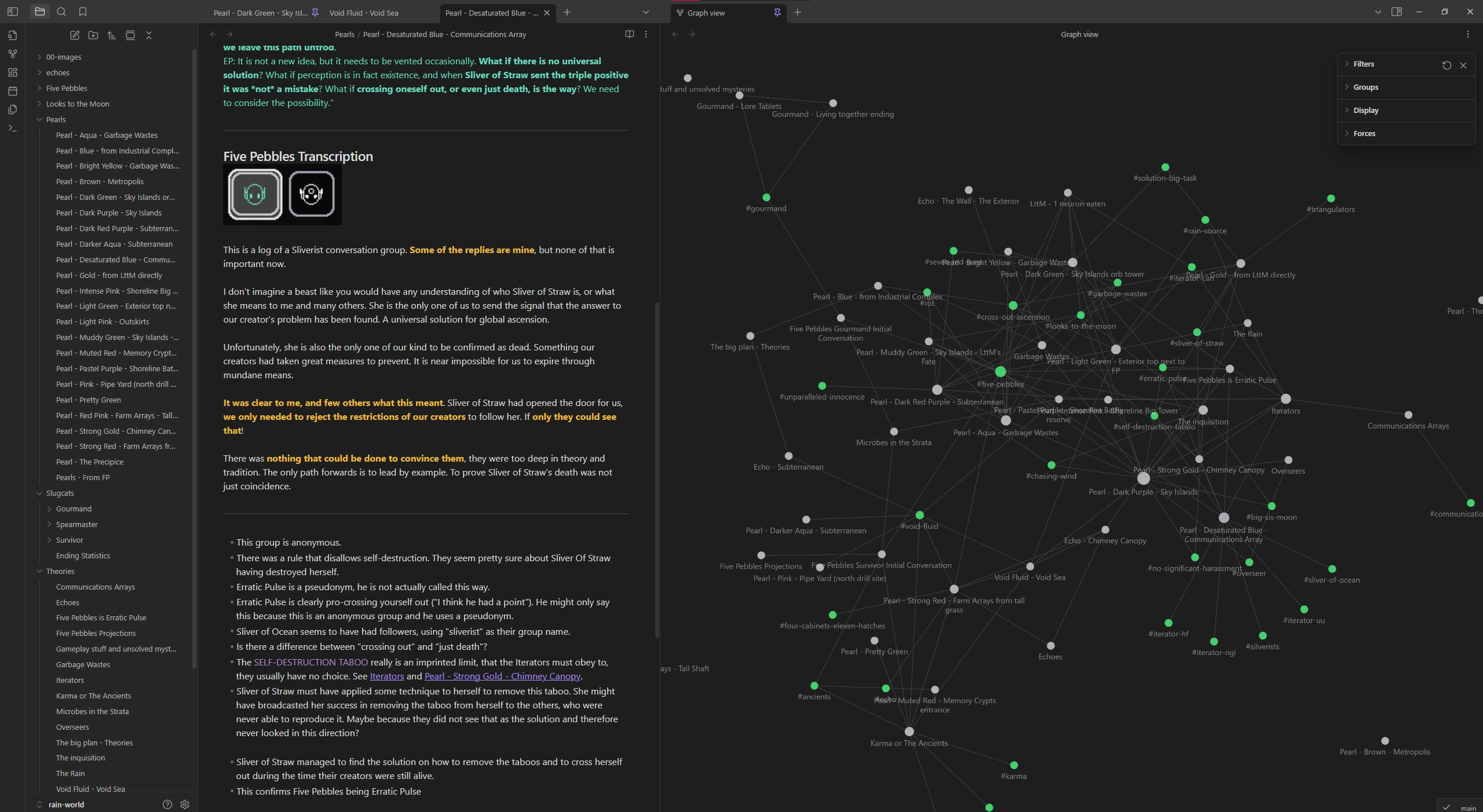 A screenshot of my Rain World Lore Obsidian Vault, containing the transcripts for every pearl I found. The tags of each entry allow linking the pages together in a graph. Theories are present on every entry and in separate theory files.