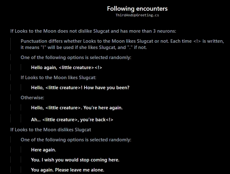 A decision tree for determining what Looks to the Moon will say to the slugcat when meeting.