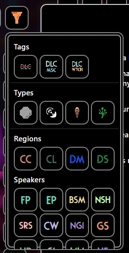 The search and filter sidebar allowing sorting by region, speaker, and tag.
