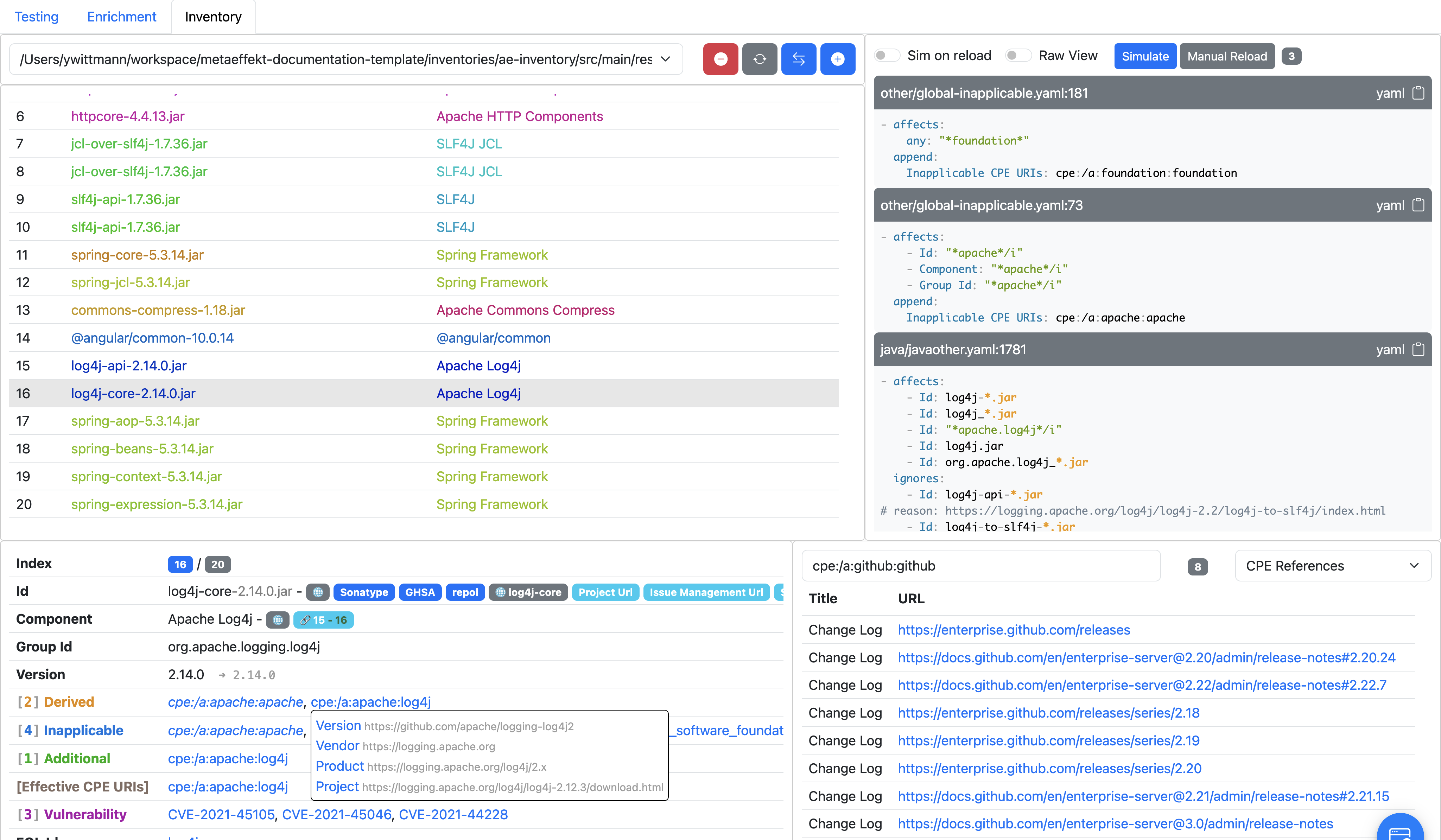 The Correlation Utilities interface showing the manual evaluation of the log4j artifact and its applied YAML correlation entries.