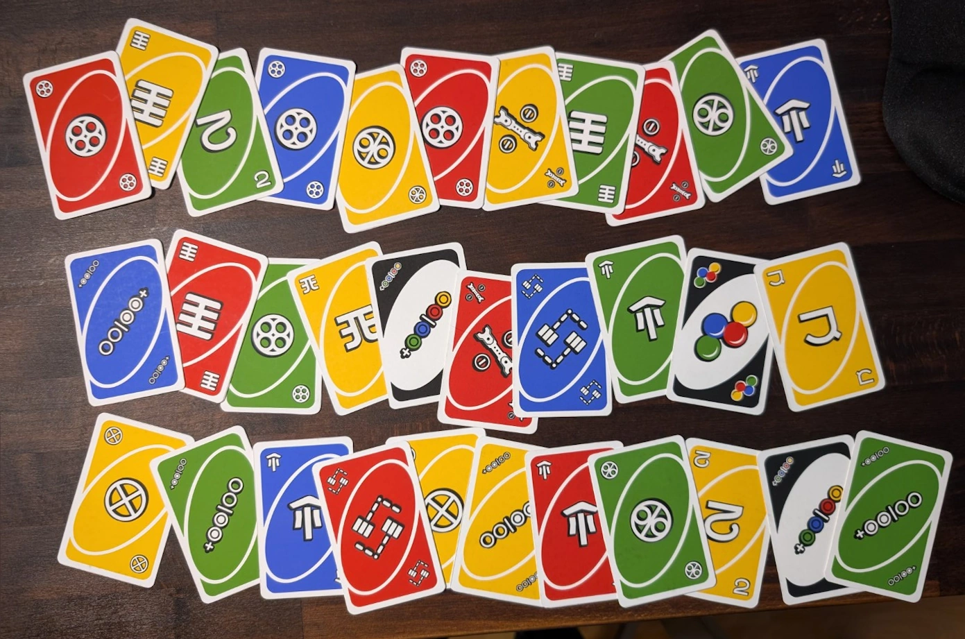 A chaotic spread of the finished WAWA UNO cards showing all the different colors and symbols. A chaotic spread of the finished WAWA UNO cards showing all the different colors and symbols.