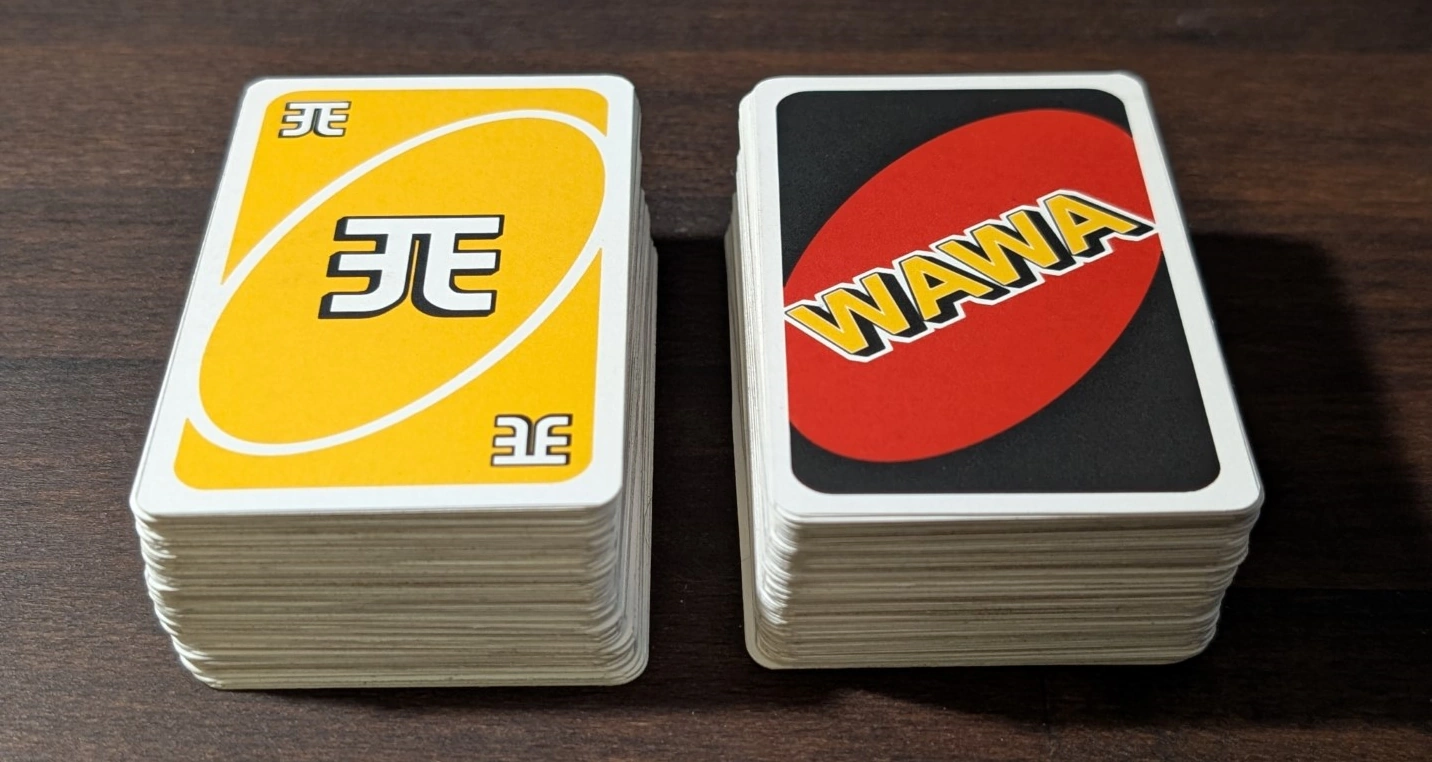 A neatly stacked deck of the custom WAWA UNO cards. A neatly stacked deck of the custom WAWA UNO cards.
