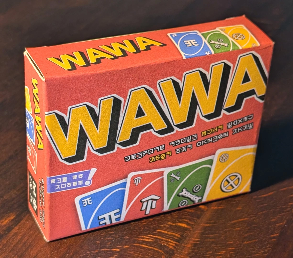 The frontside of the custom WAWA UNO card box in the style of a regular UNO box.